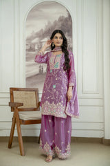 Mauve Sequins Embroidered Suit with Palazzo and Dupatta KU253 model shot