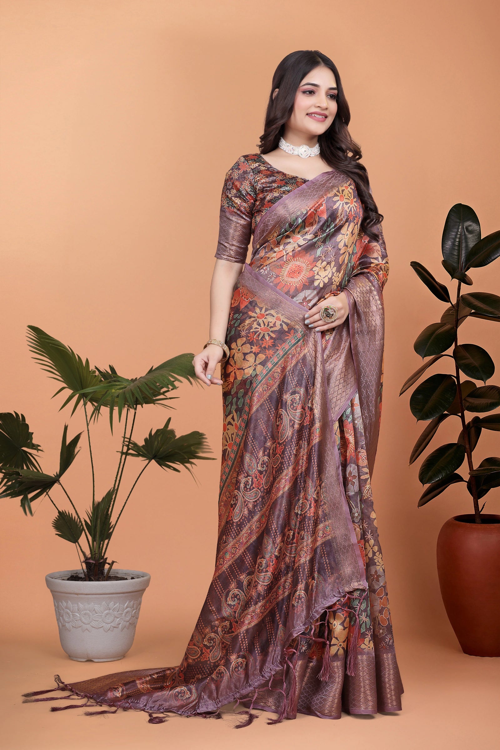 Mauve Premium Crystal Saree Upper Body Zari Border Close-Up | Kalyanja KS367