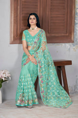 Mint Green Butterfly Net Saree blouse detail – KS375