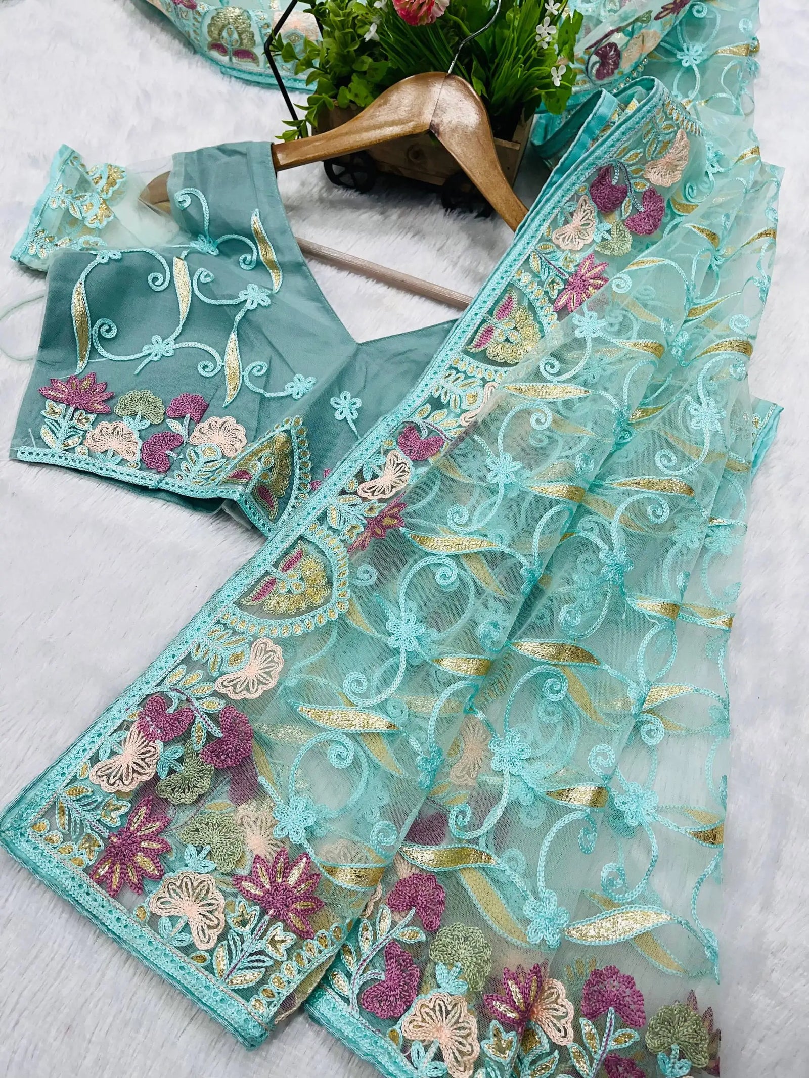 Mint Green Saree flat lay full spread – KS375