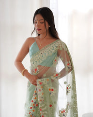 Mint Green Saree embroidery close-up – KS378