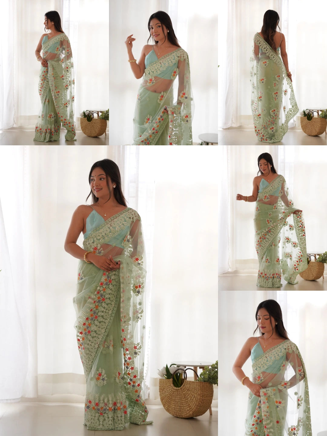 Mint Green Thread Embroidered Saree collage – KS378 Kalyanja