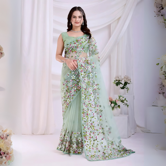 Mint Green Floral Embroidered Net Saree