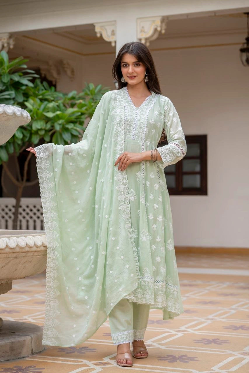 Mint Green Lakhnowi Work Suit Mul Cotton Blend KU270 Kalyanja