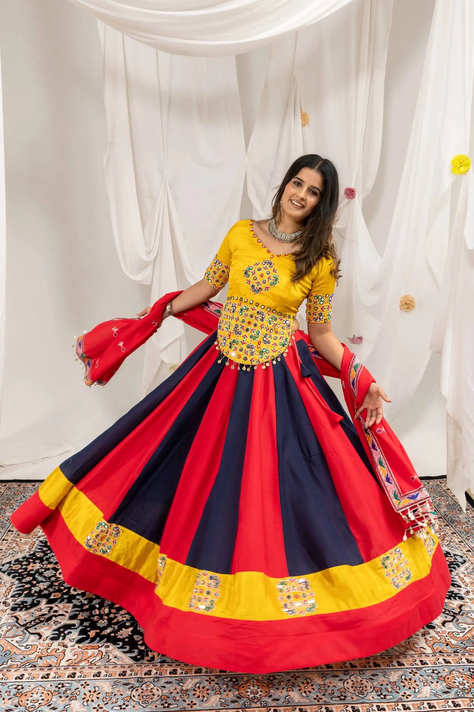 Multicolor Embroidered Mirror Work Lehenga garba twirl full flair – Kalyanja KL163