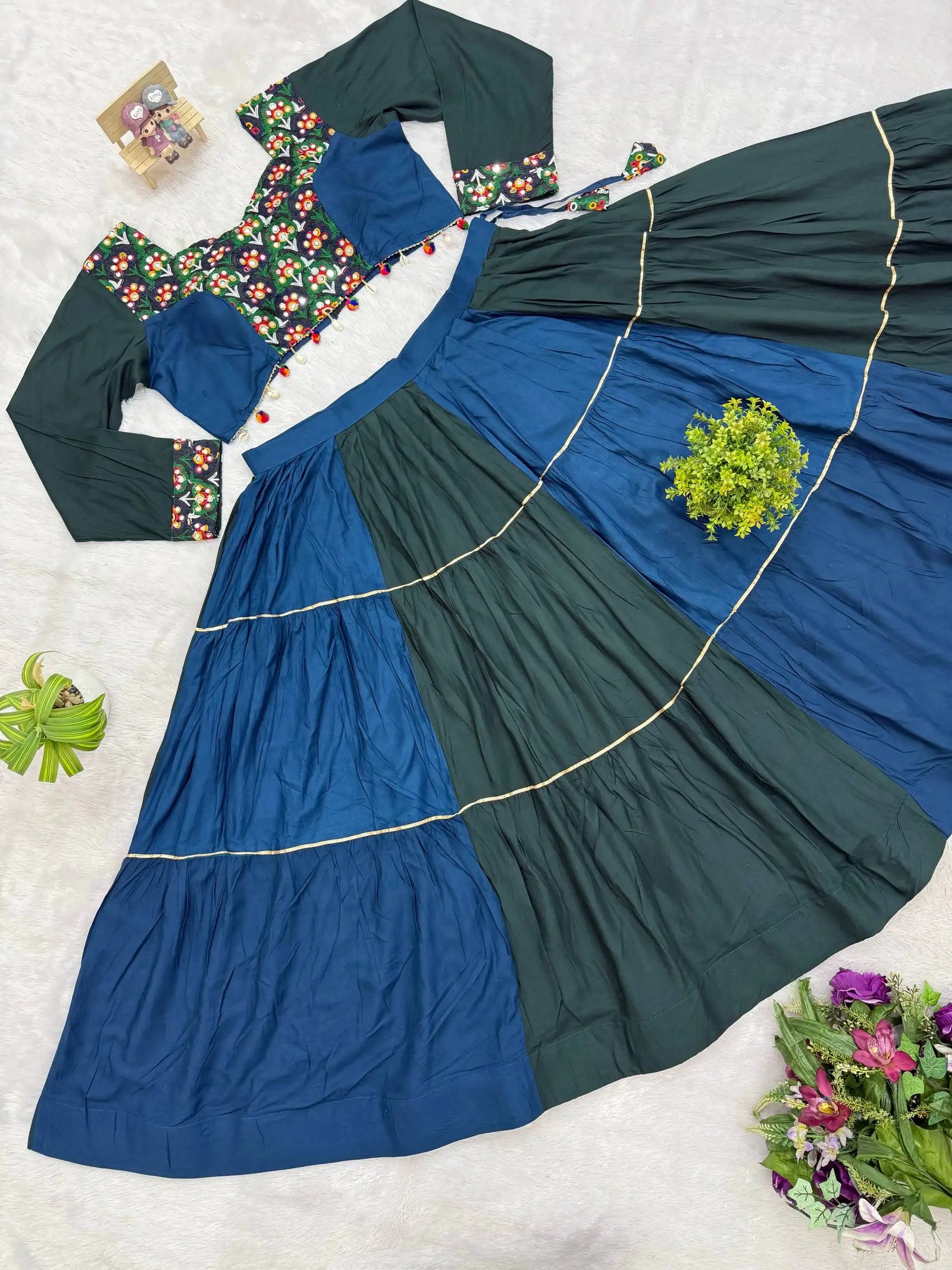 Multicolor Pure Rayon Tiered Lehenga flat lay skirt and choli view – Kalyanja KL166