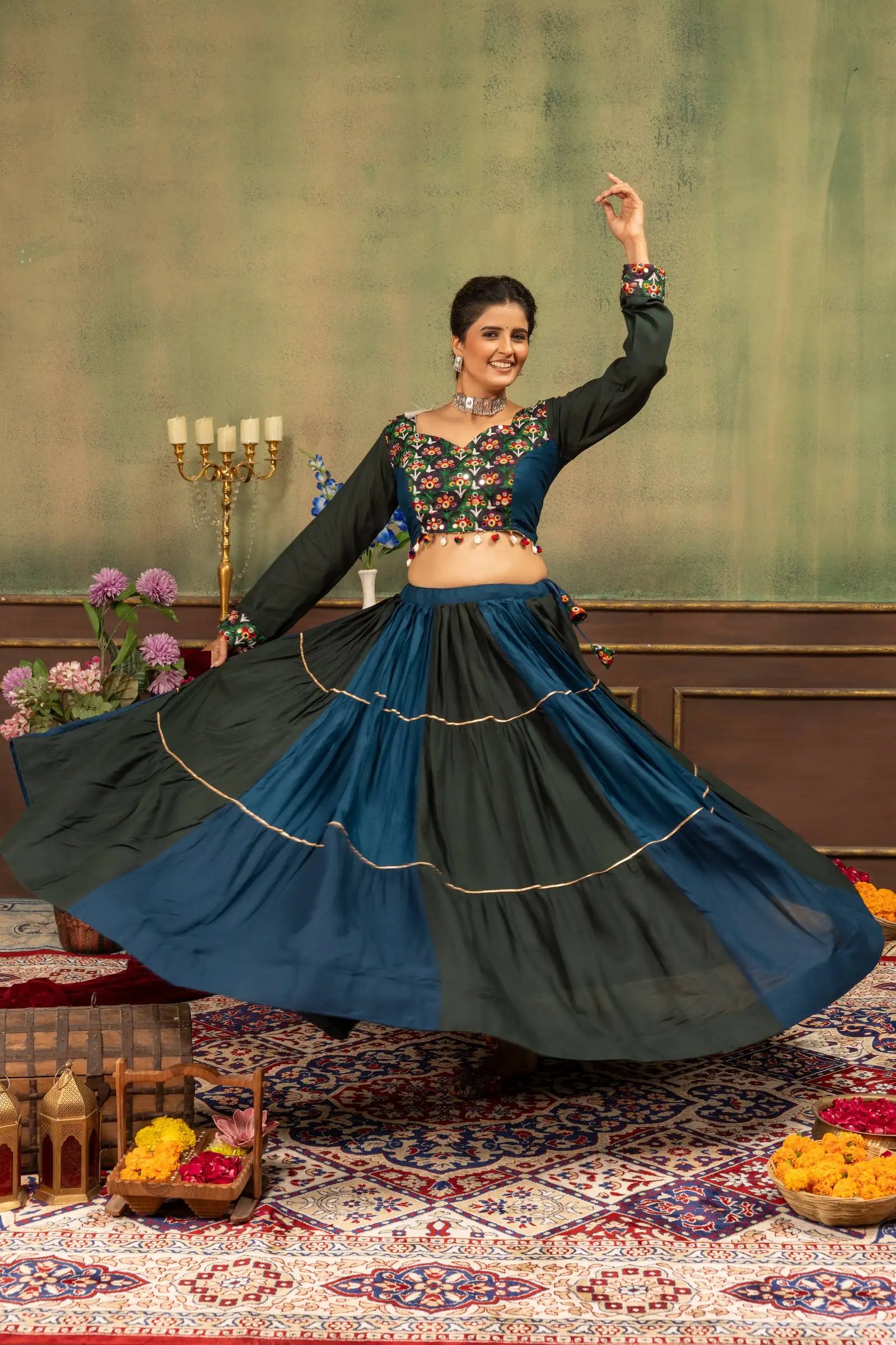 Multicolor Embroidered Mirror Work Lehenga garba twirl full 6m flair – Kalyanja KL166