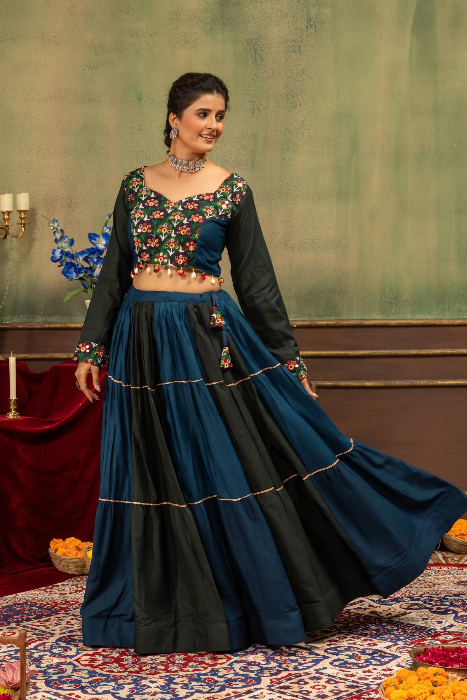 Multicolor Mirror Work Lehenga front standing sweetheart neckline view – Kalyanja KL166