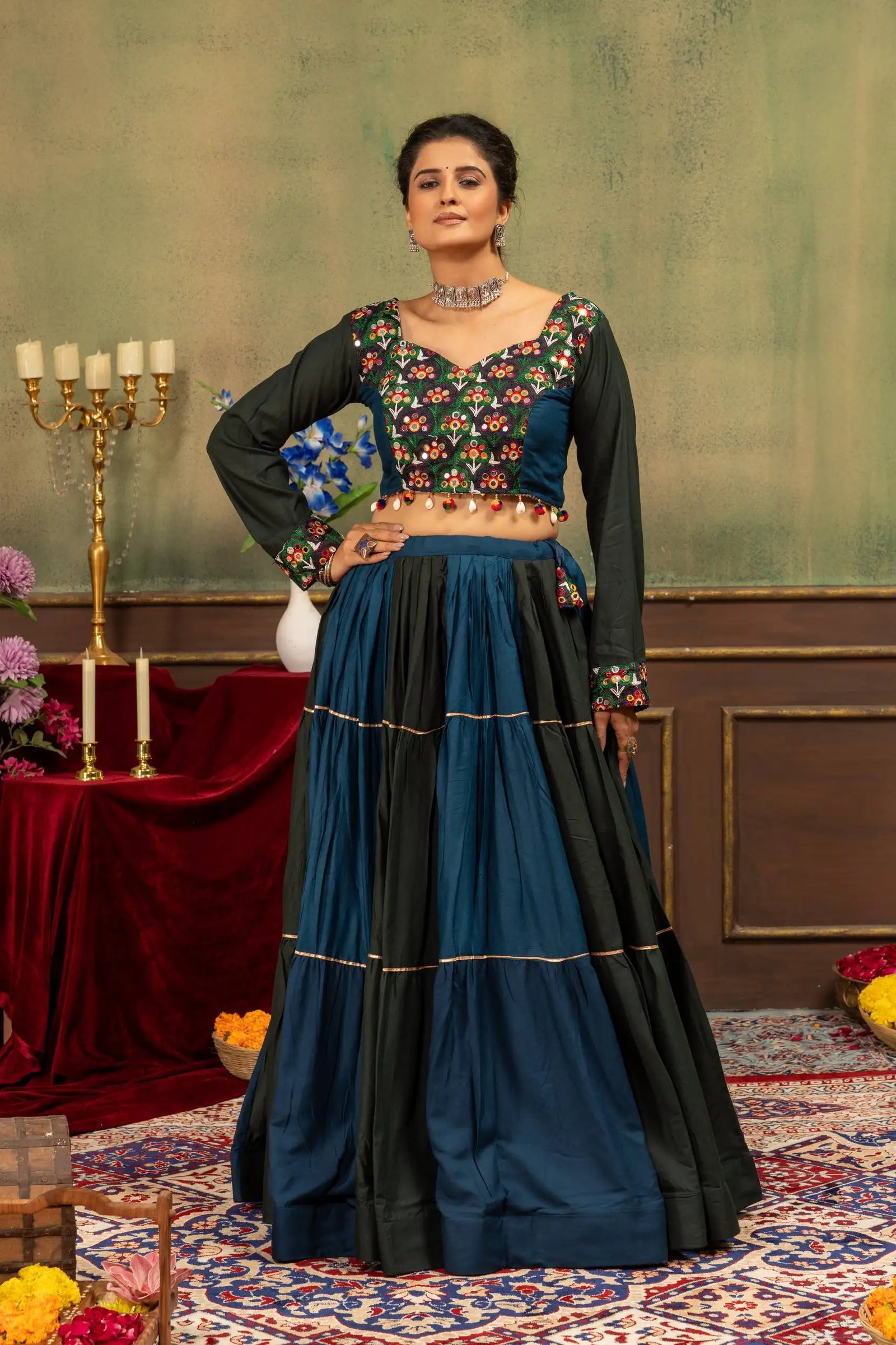 Multicolor Pure Rayon Lehenga standing front full view second model – Kalyanja KL166