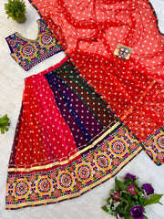 Multicolor Faux Georgette Lehenga Choli Dupatta Flat Lay KL178