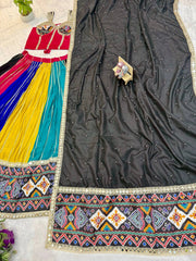 Multicolor panelled lehenga and black dupatta flat lay – KL206
