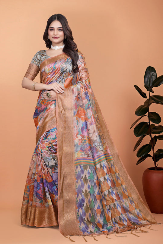 Multicolor Zari Weaving Saree front drape – Premium Crystal | Kalyanja KS354