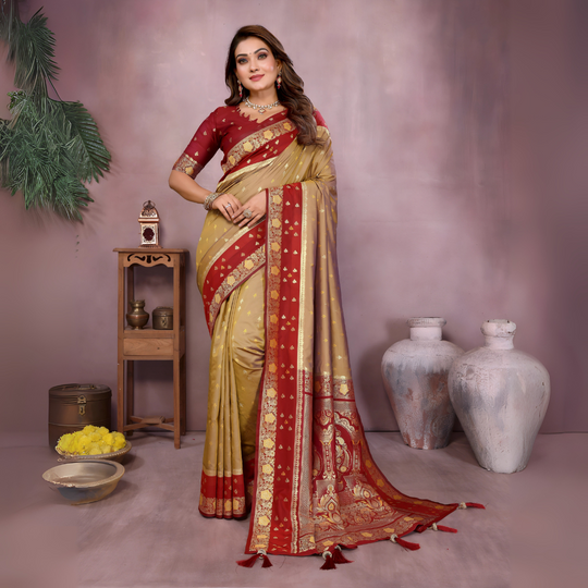 Gold Zari Woven Kalamkari Silk Saree