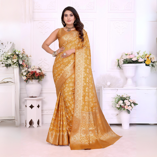 Mustard Yellow Zari Weaving Soft Satin Silk Saree