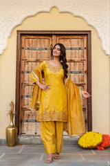 Mustard Yellow Beads Work Suit front full-length smiling model – Kalyanja KU296