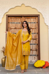 Mustard Yellow Beads Work Suit model shot 18 – Kalyanja KU296