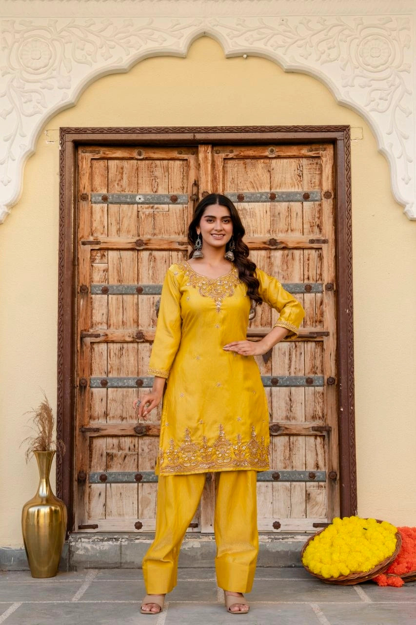 Mustard Yellow Beads Work Suit model shot 21 – Kalyanja KU296