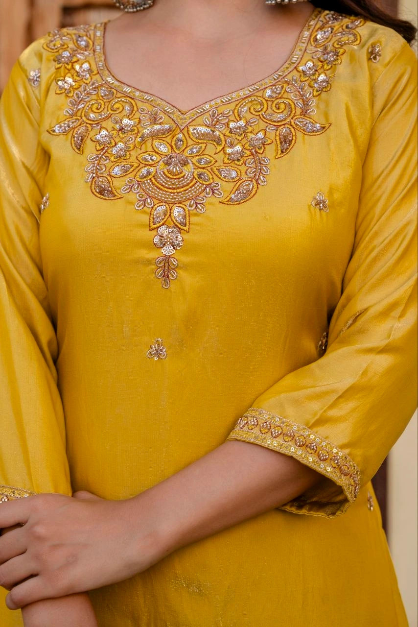 Mustard Yellow Beads Work Suit model shot 22 – Kalyanja KU296