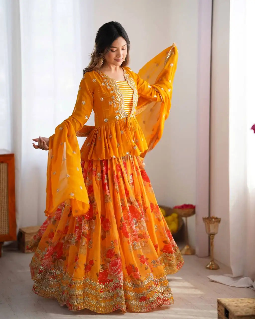 Mustard Yellow Digital Floral Print Lehenga Faux Georgette Kalyanja KL174 3