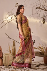 Mustard Yellow Floral Print Linen Cotton Saree Standing Front View | Kalyanja KS351
