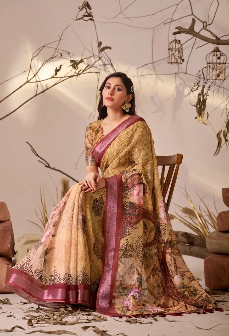 Mustard Yellow Linen Cotton Saree Seated Full Drape View | Kalyanja KS351