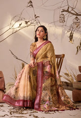 Mustard Yellow Linen Cotton Saree Seated Full Drape View | Kalyanja KS351