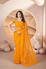 Mustard Yellow Embroidered Saree | Butterfly Net | KS391 | Kalyanja