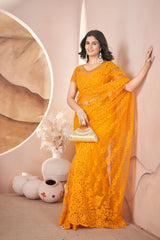 Mustard Yellow Embroidered Saree Party Wear | Butterfly Net | KS391 | Kalyanja