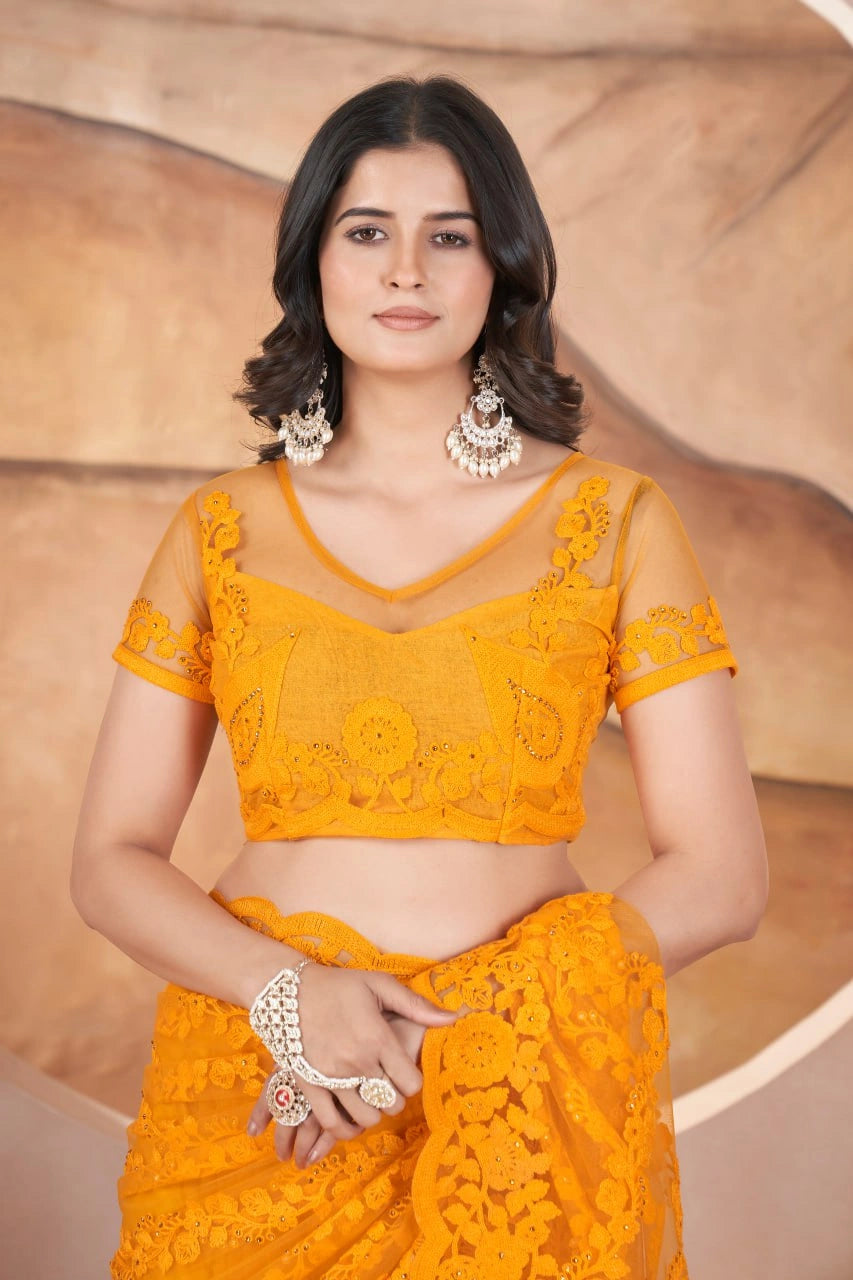 Mustard Yellow Embroidered Saree Back View | Butterfly Net | KS391 | Kalyanja