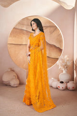 Mustard Yellow Embroidered Saree Side View | Butterfly Net | KS391 | Kalyanja