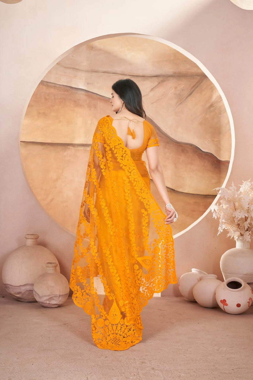 Mustard Yellow Embroidered Saree Wedding | Butterfly Net | KS391 | Kalyanja
