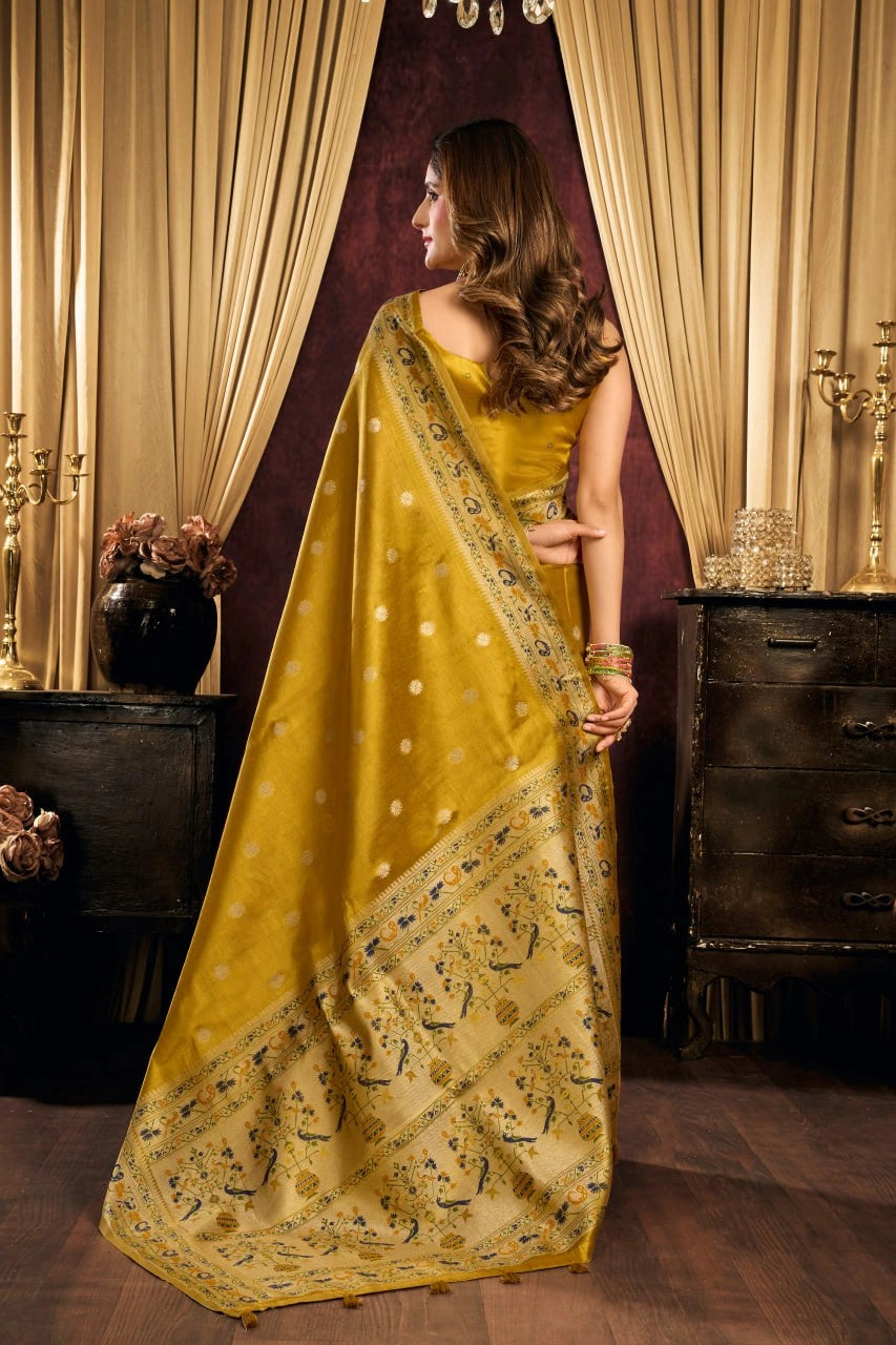 Mustard Yellow Jacquard Saree Paithani border detail – KS380