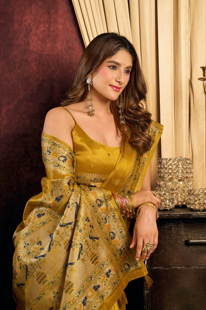 Mustard Yellow Jacquard Saree pallu weave – KS380