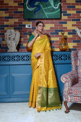Mustard Yellow Zari Work Soft Tussar Silk Saree - kalyanja