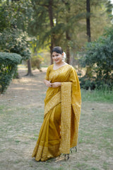 Mustard Yellow Gala Border Pattern Raw Silk Saree - kalyanja