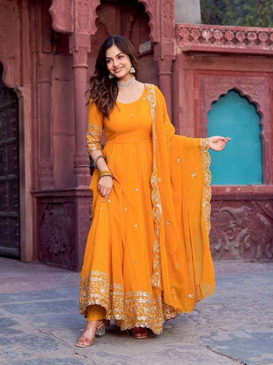 Mustard Yellow Sequins with Thread Work Anarkali Suit Front View Kalyanja KU277