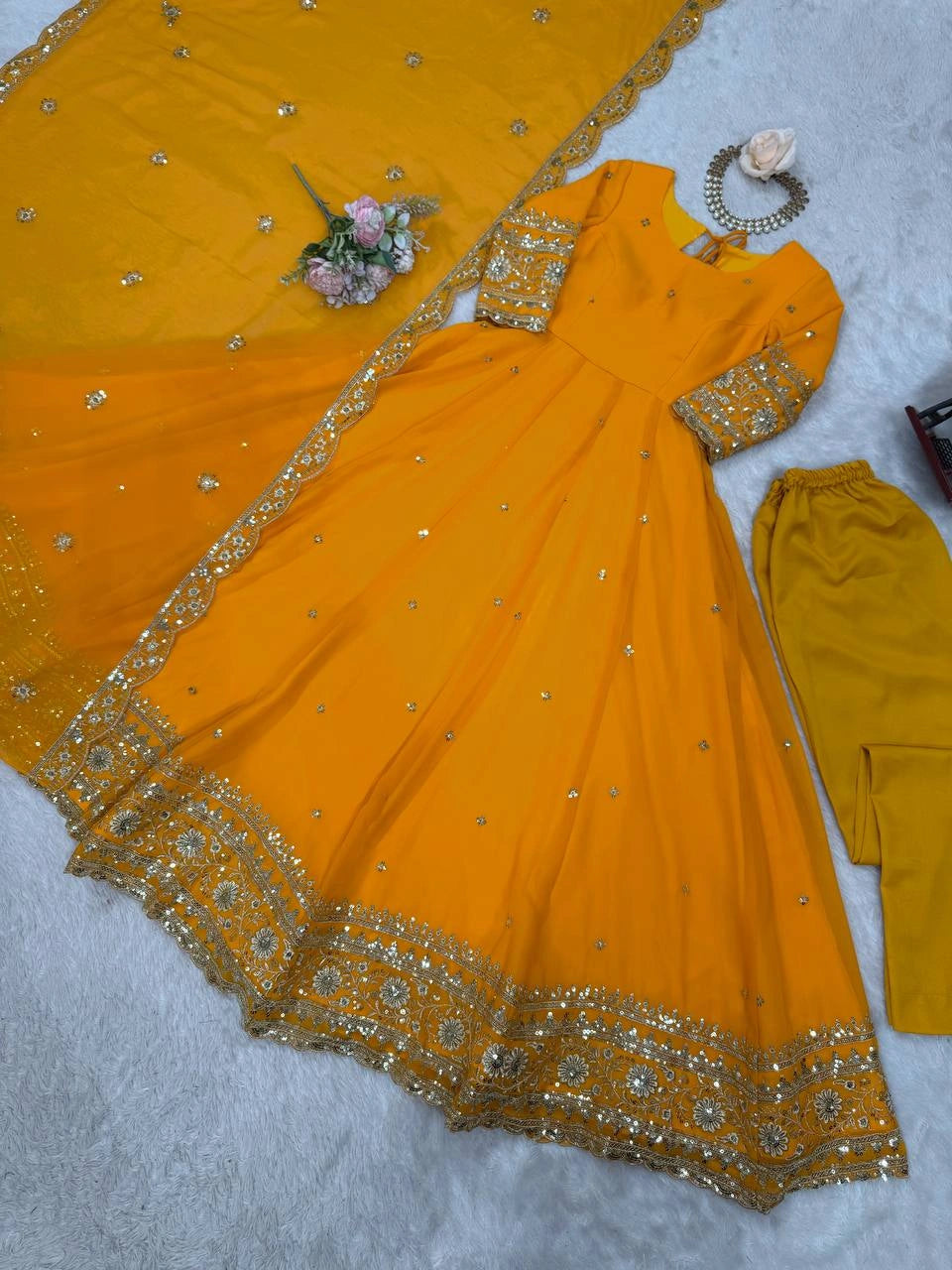 Mustard Yellow Anarkali Suit Flat Lay Full Set Dupatta Pant Kalyanja KU277