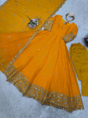 Mustard Yellow Anarkali Suit Flat Lay Full Set Dupatta Pant Kalyanja KU277