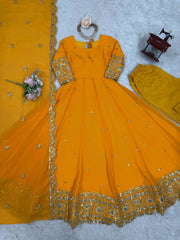 Mustard Yellow Anarkali Suit Back View Open Dori Tie-Up Detail Kalyanja KU277