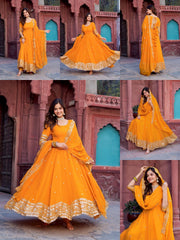 Mustard Yellow Sequins Thread Work Anarkali Suit Multiple Views Catalogue Kalyanja KU277