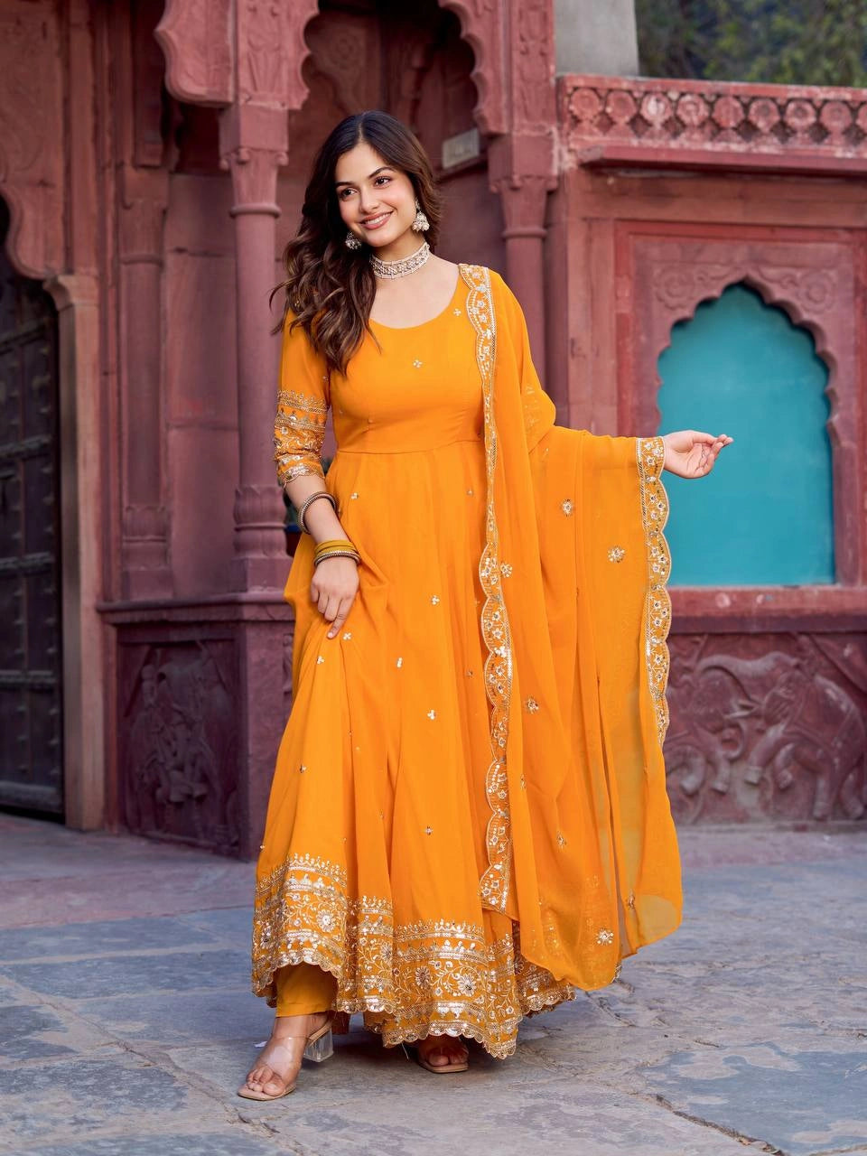Mustard Yellow Sequins with Thread Work Anarkali Suit Front View Kalyanja KU277