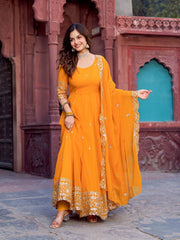 Mustard Yellow Sequins with Thread Work Anarkali Suit Front View Kalyanja KU277