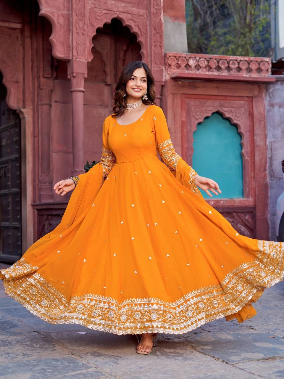 Mustard Yellow Anarkali Suit Twirling Flair Party Wear Kalyanja KU277