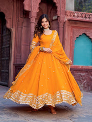 Mustard Yellow Sequins Anarkali Suit Floor Length Faux Georgette Kalyanja KU277