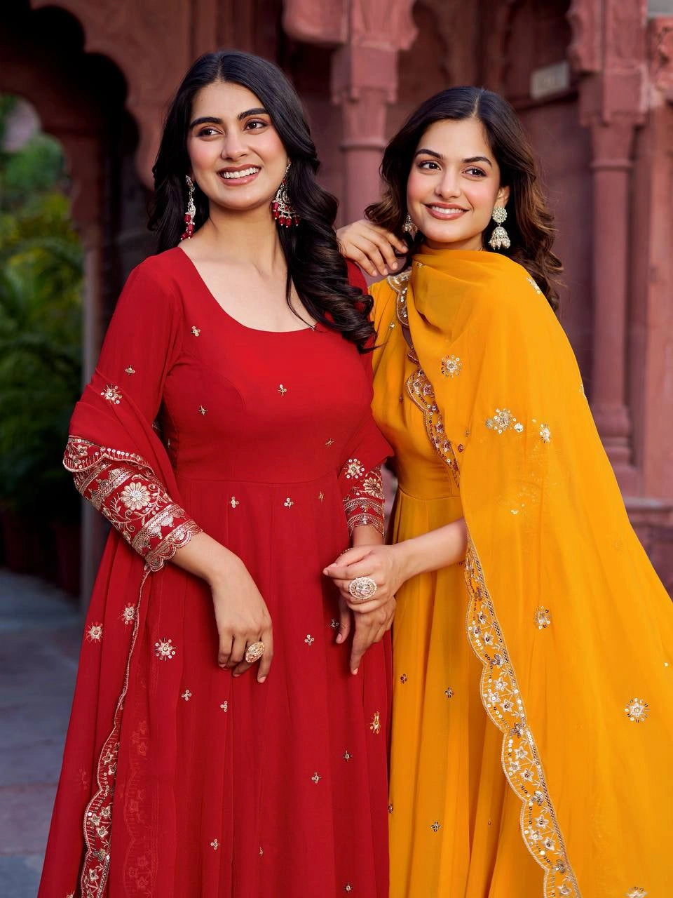 Red and Mustard Yellow Anarkali Suit Close-Up Both Models Kalyanja KU277