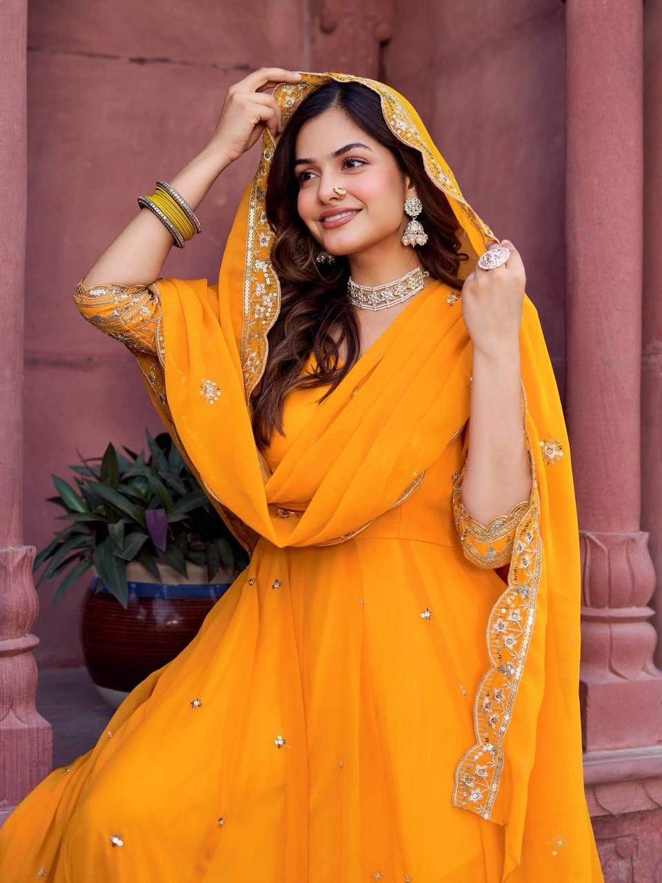 Mustard Yellow Sequins Suit Close-Up Embroidered Sleeve Detail Kalyanja KU277