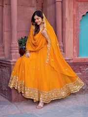 Mustard Yellow Anarkali Suit Side View Dupatta Kalyanja KU277