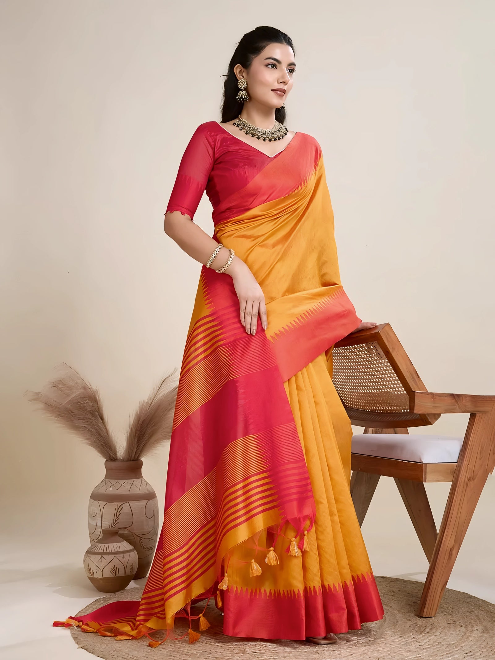 Mustard Yellow Silk Saree Red Border Modern Studio
