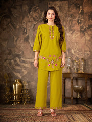 Mustard Yellow Thread Embroidered Coord Set front bust view Kalyanja KC22