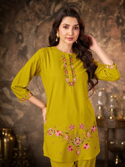 Mustard Yellow Thread Embroidered Coord Set side angle Kalyanja KC22